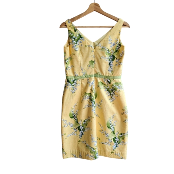 Lily Of The Vally Floral Print Yellow Dress, Green Ribbon At Waist, Size Small P - Picture 2 of 13